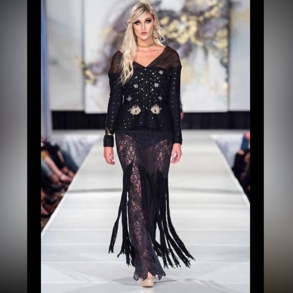 Black lace sheer long fringe maxi skirt scalloped hem